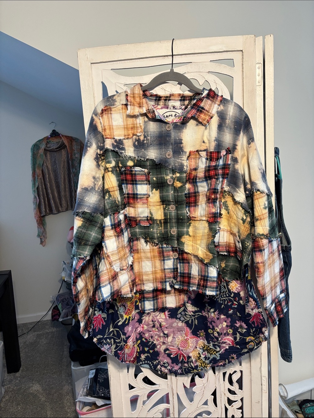 Patchwork Plaid Button-Up Shirt - Multicolor